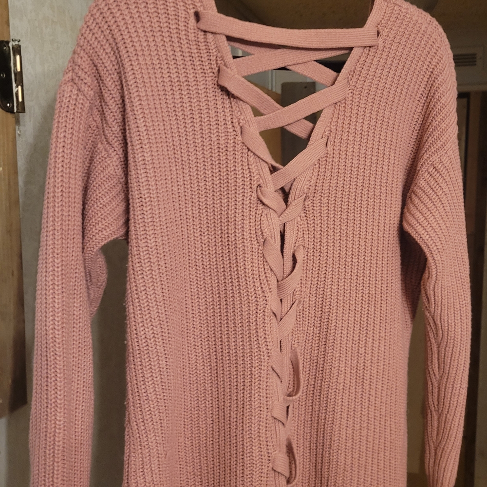 Pink Sweater with Lace-Up Detail